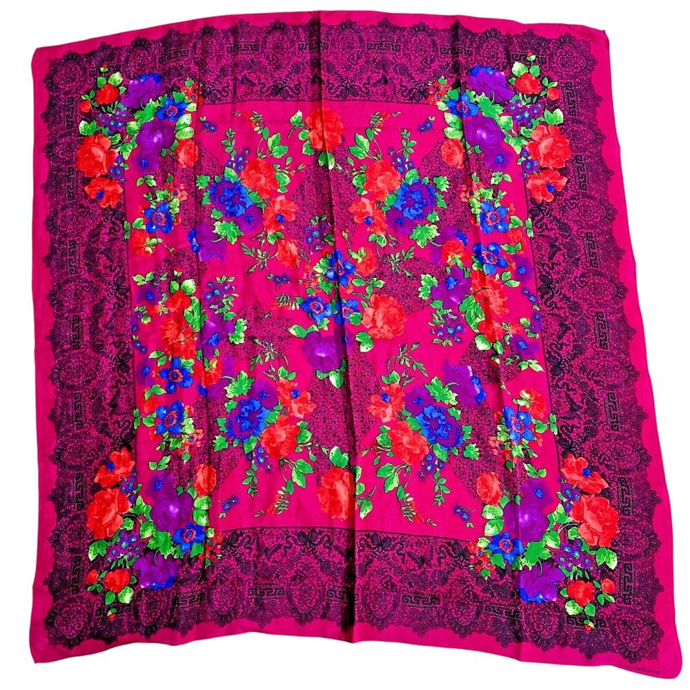 Vintage Liz Claiborne Designer Silk Scarf Lace Print Floral Design Gem Tones